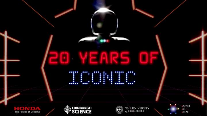 ASIMO humanoid robot in shadow with '20 years of iconic' written on top.